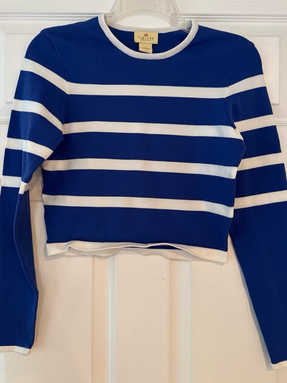 Vintage Y2K Limited America  Blue & White Striped Long-Sleeve Crop Top Size S